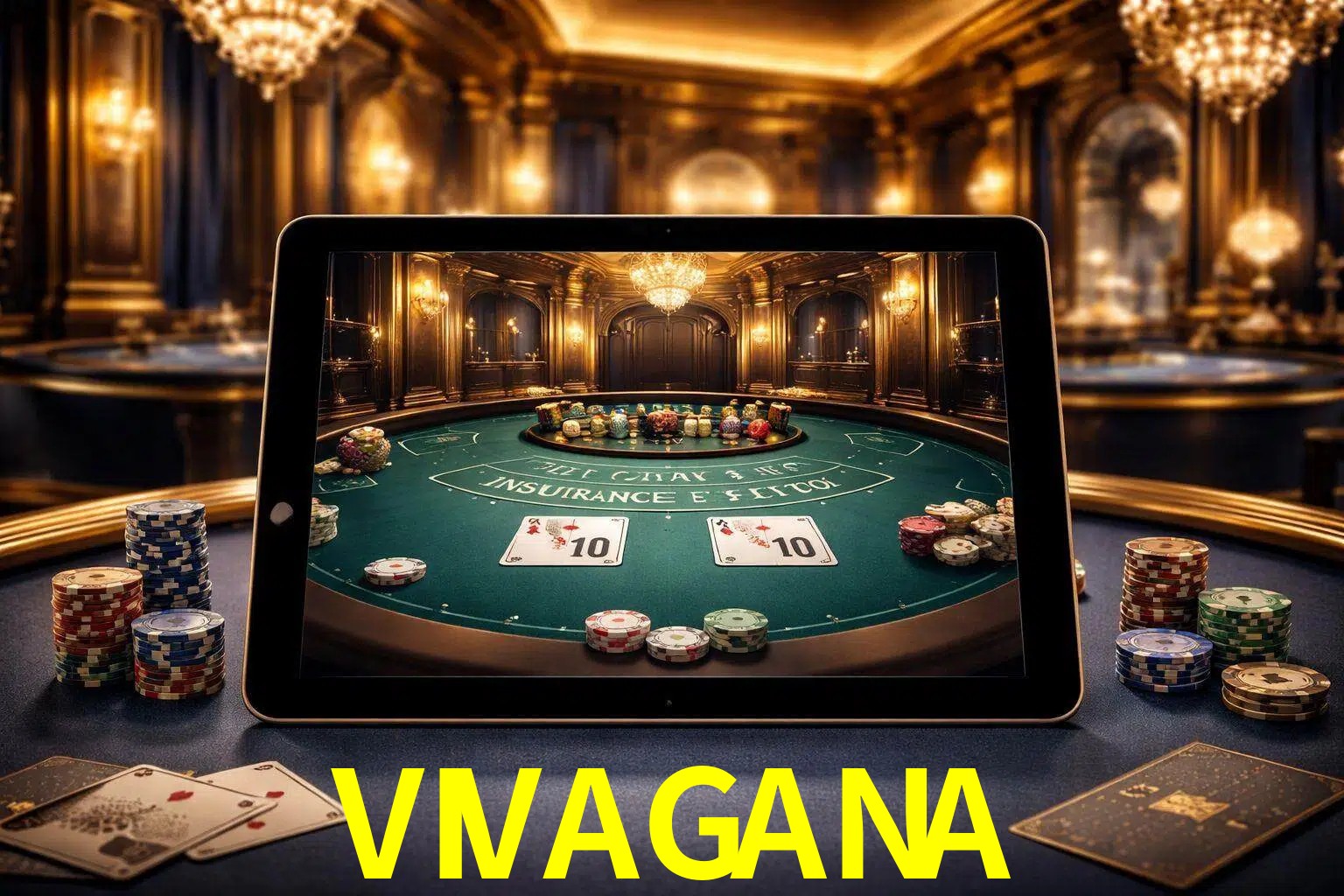 Configuración moderna de casino en vivo con una tableta mostrando una mesa de blackjack, luces cálidas de estudio y una atmósfera elegante de juegos digitales.