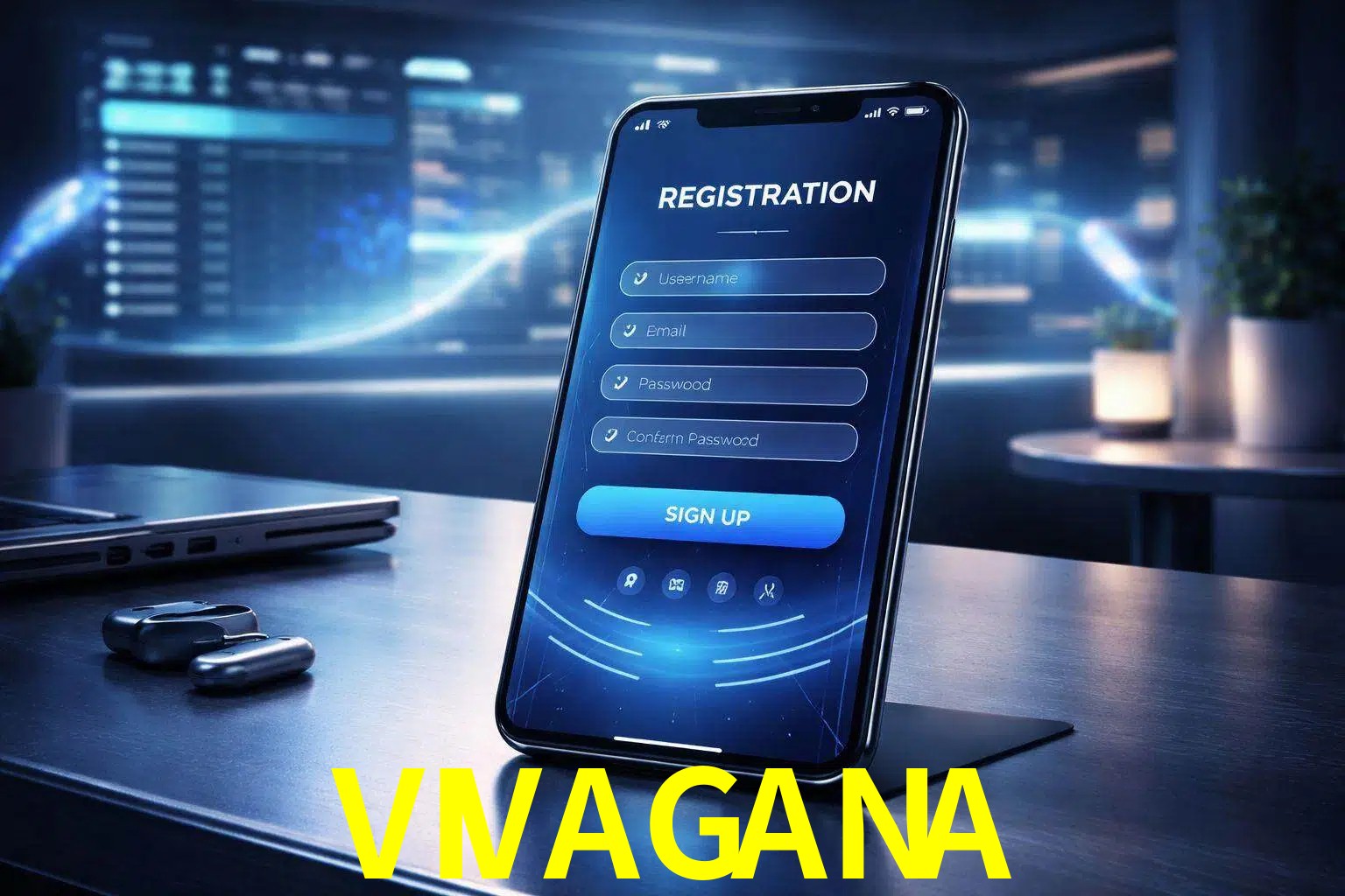 Una interfaz moderna de registro móvil para VIVAGANA mostrada en un smartphone con un panel de apuestas elegante.